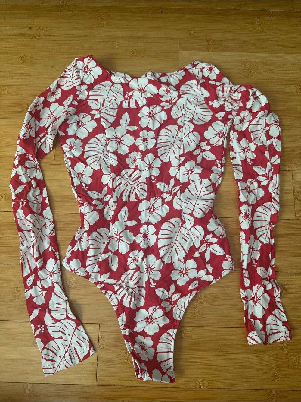 Long-Sleeve Red & White Floral One-Piece Swimsuit